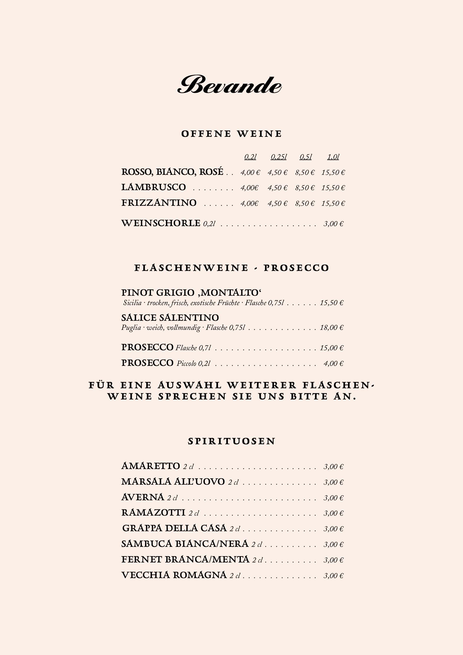 Speisekarte Trattoria Pindinello