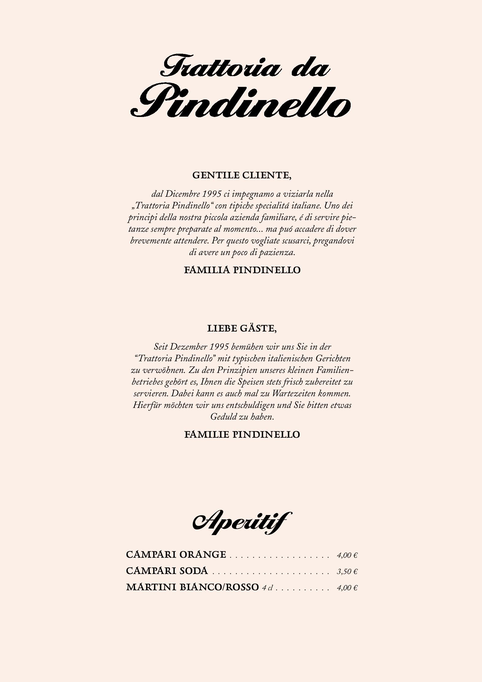 Speisekarte Trattoria Pindinello