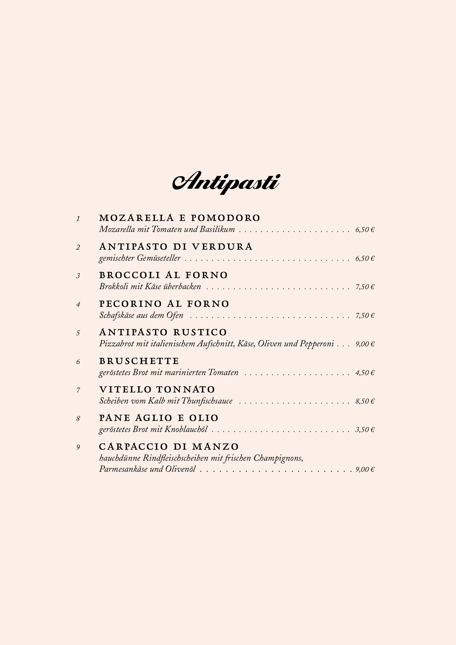 Speisekarte Trattoria Pindinello