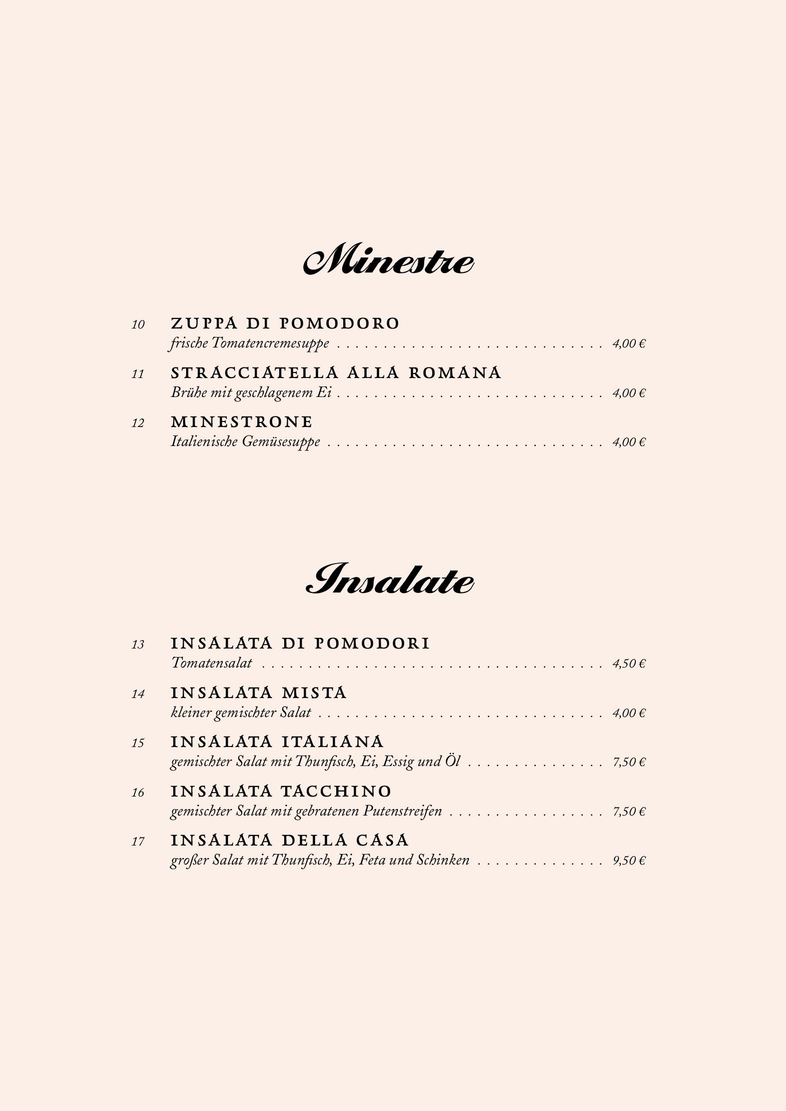 Speisekarte Trattoria Pindinello