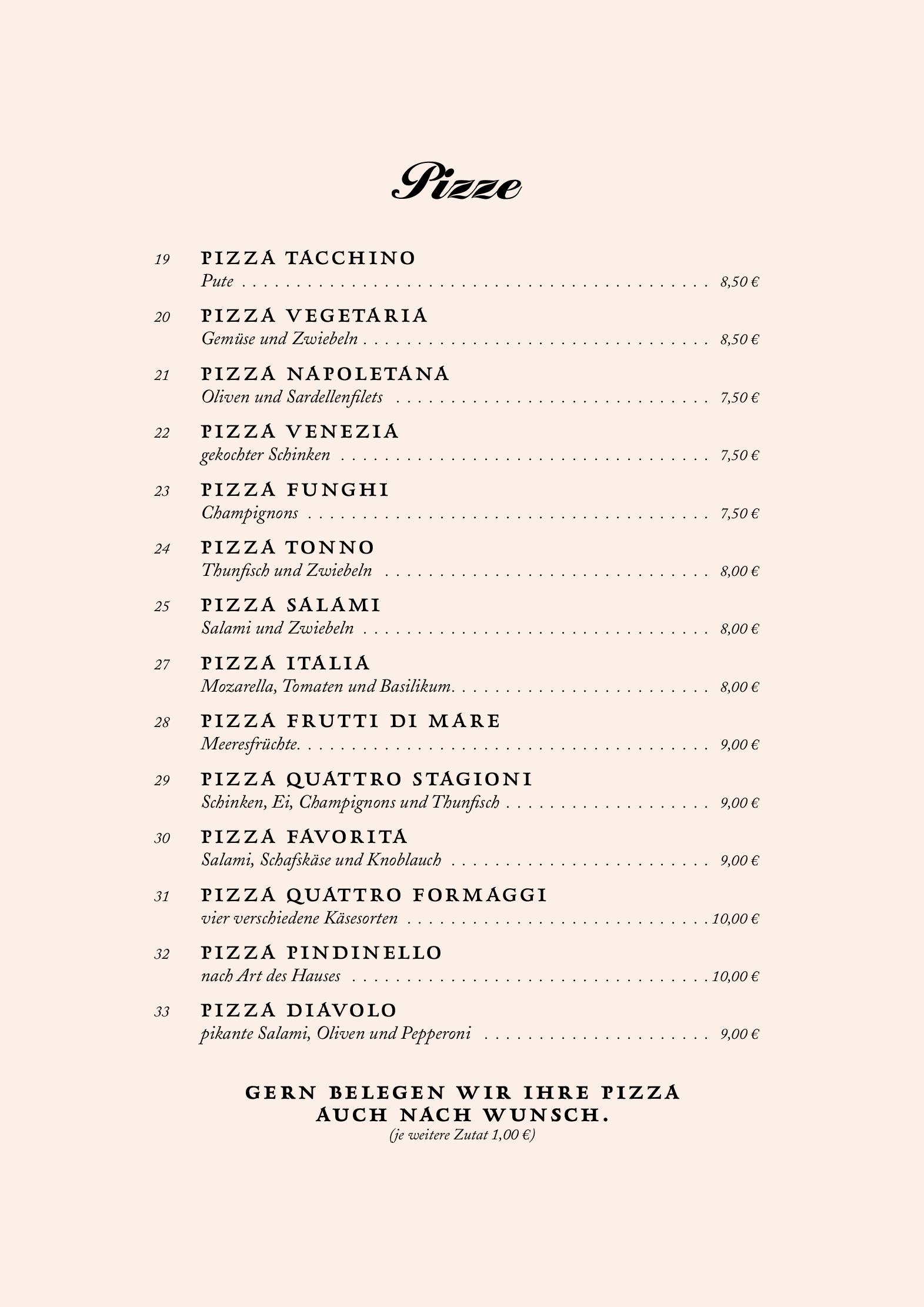 Speisekarte Trattoria Pindinello