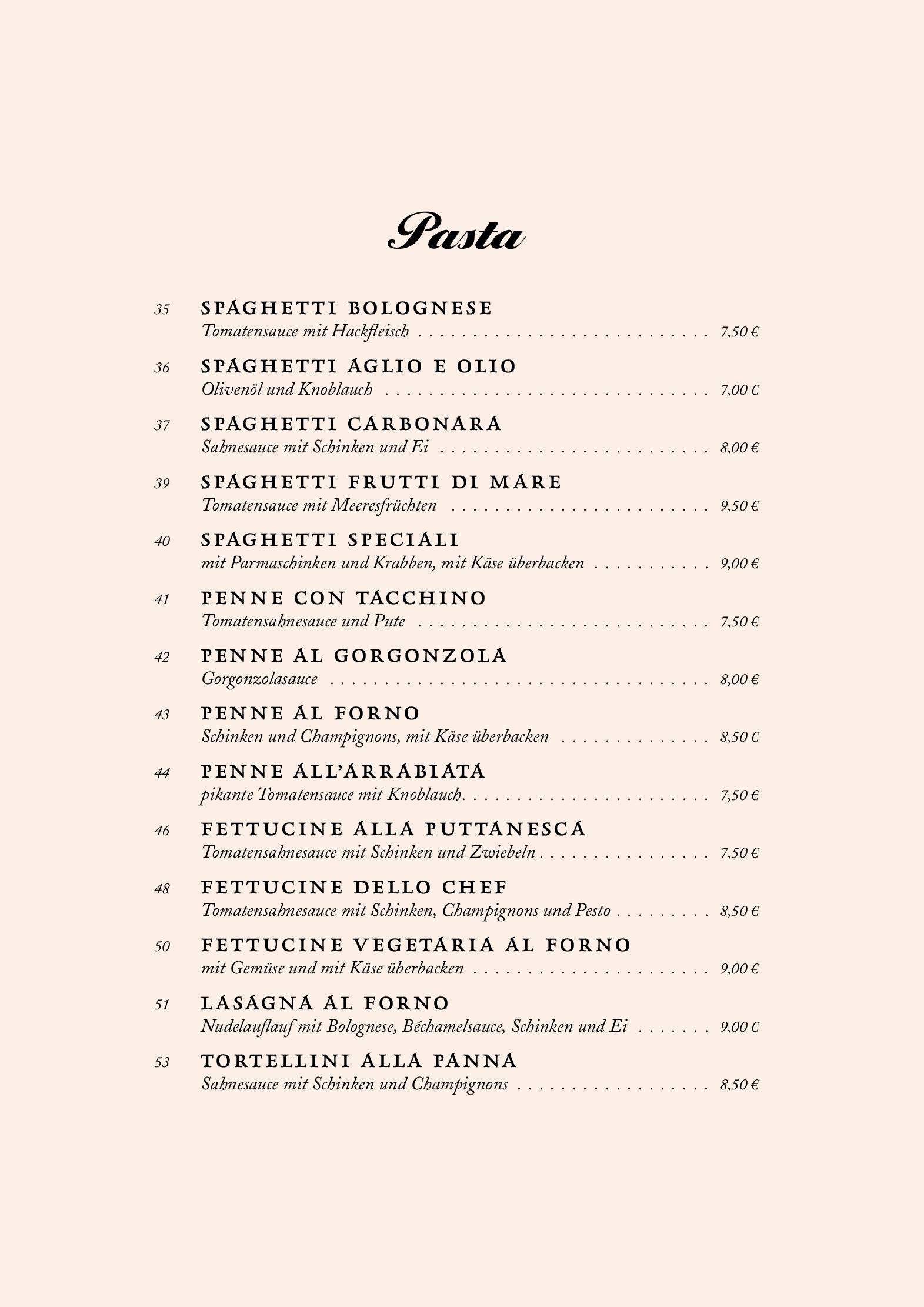 Speisekarte Trattoria Pindinello