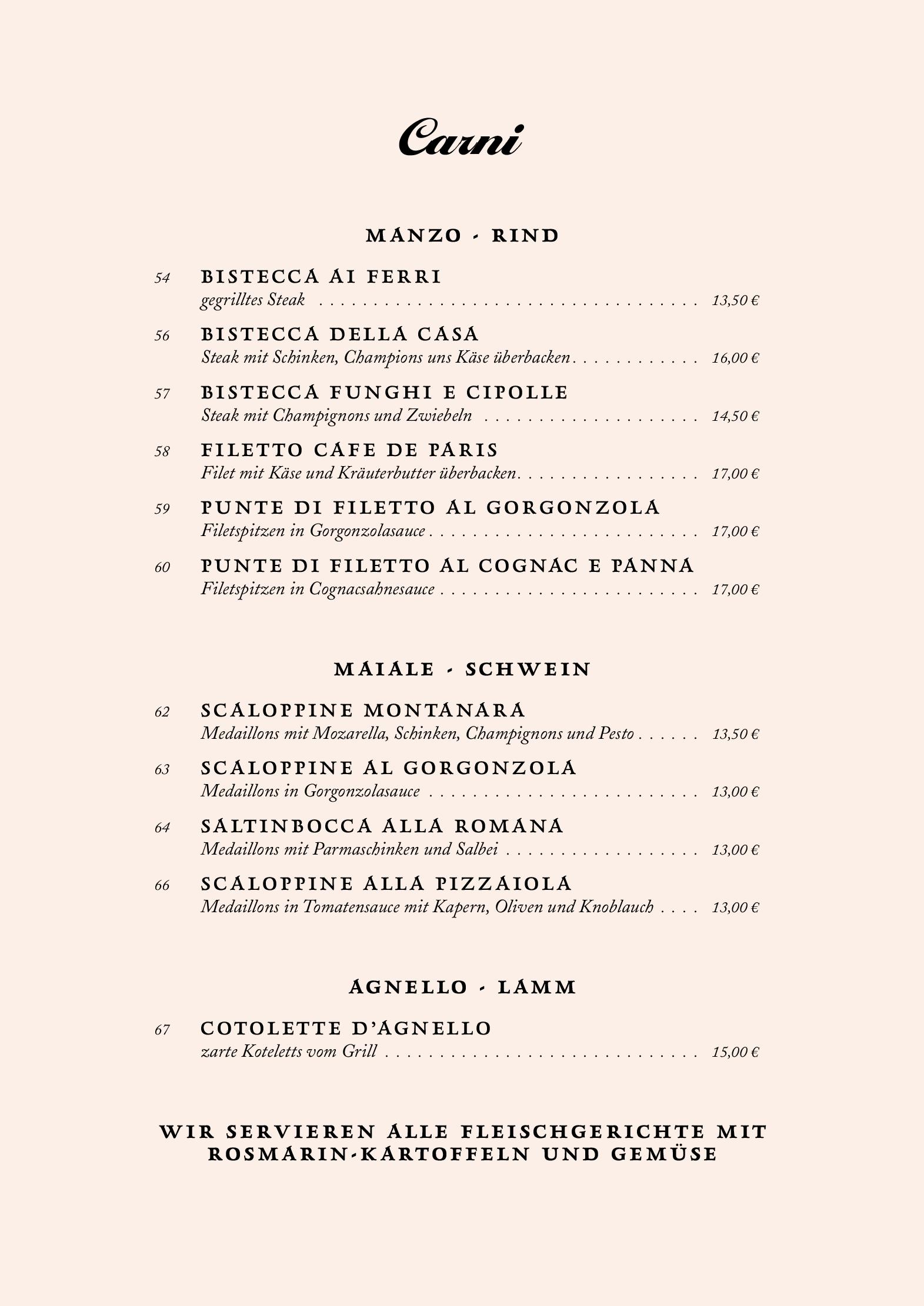 Speisekarte Trattoria Pindinello