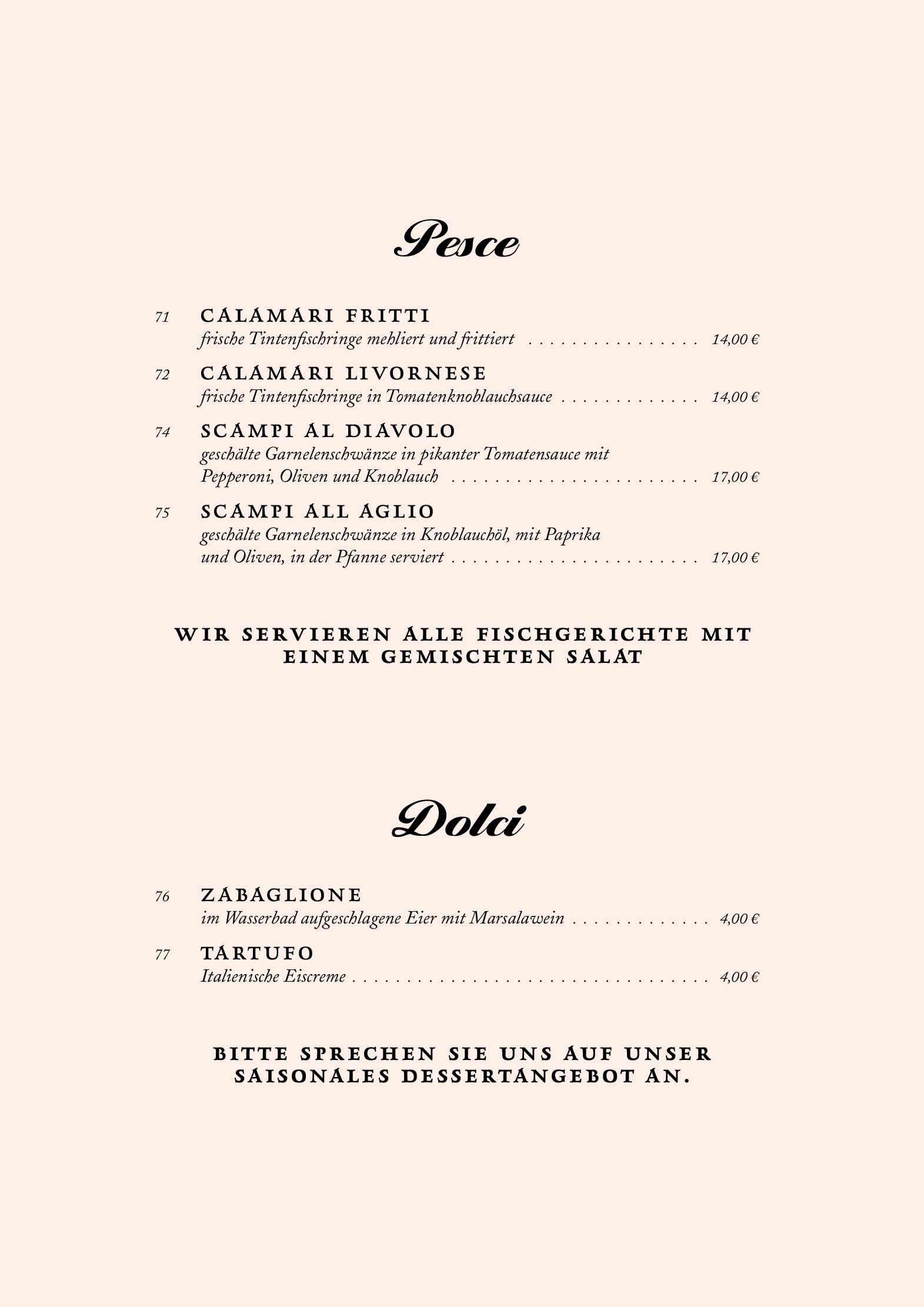 Speisekarte Trattoria Pindinello
