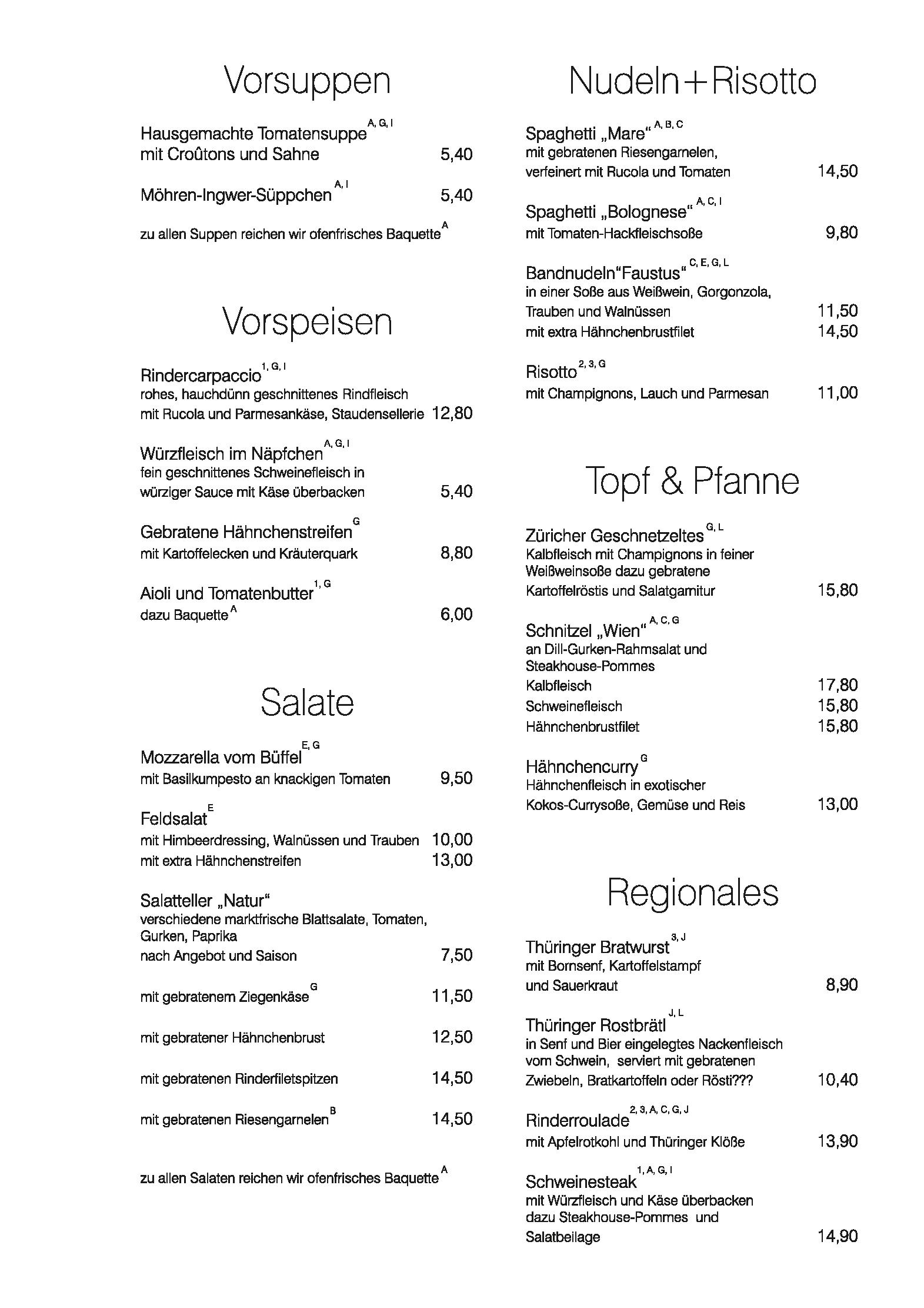 Faustus Speisekarte
