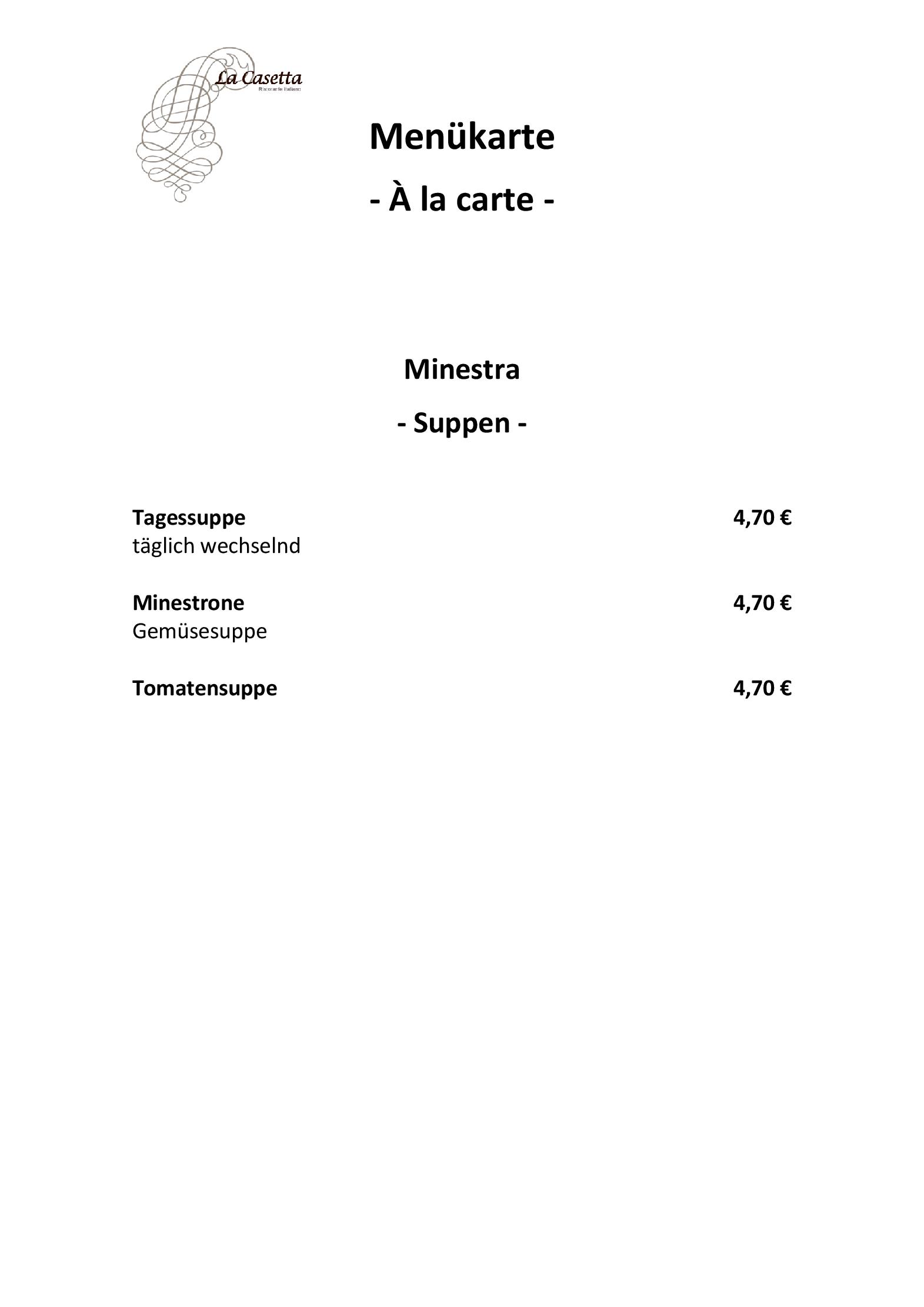 Speisekarte La Casetta