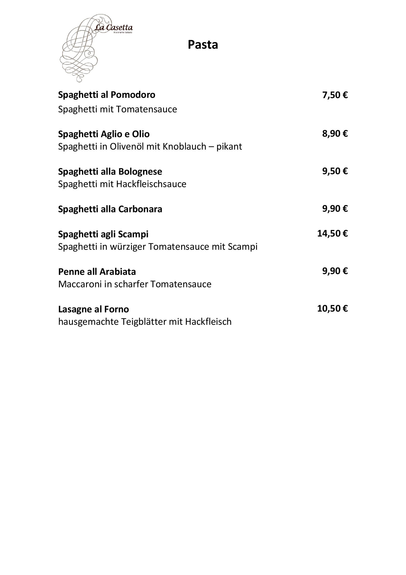 Speisekarte La Casetta