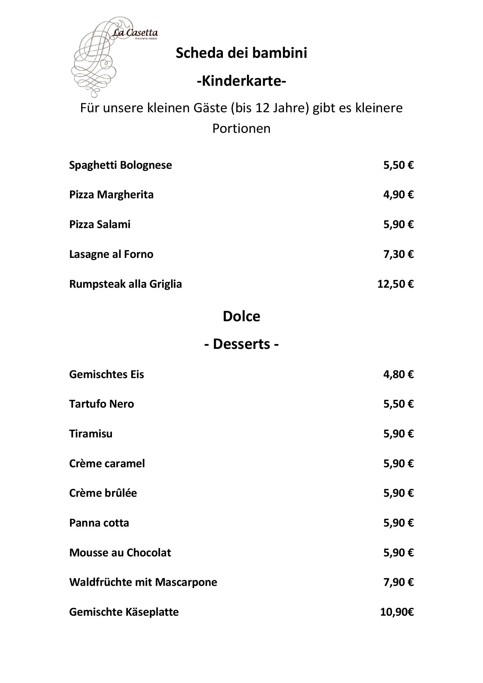 Speisekarte La Casetta