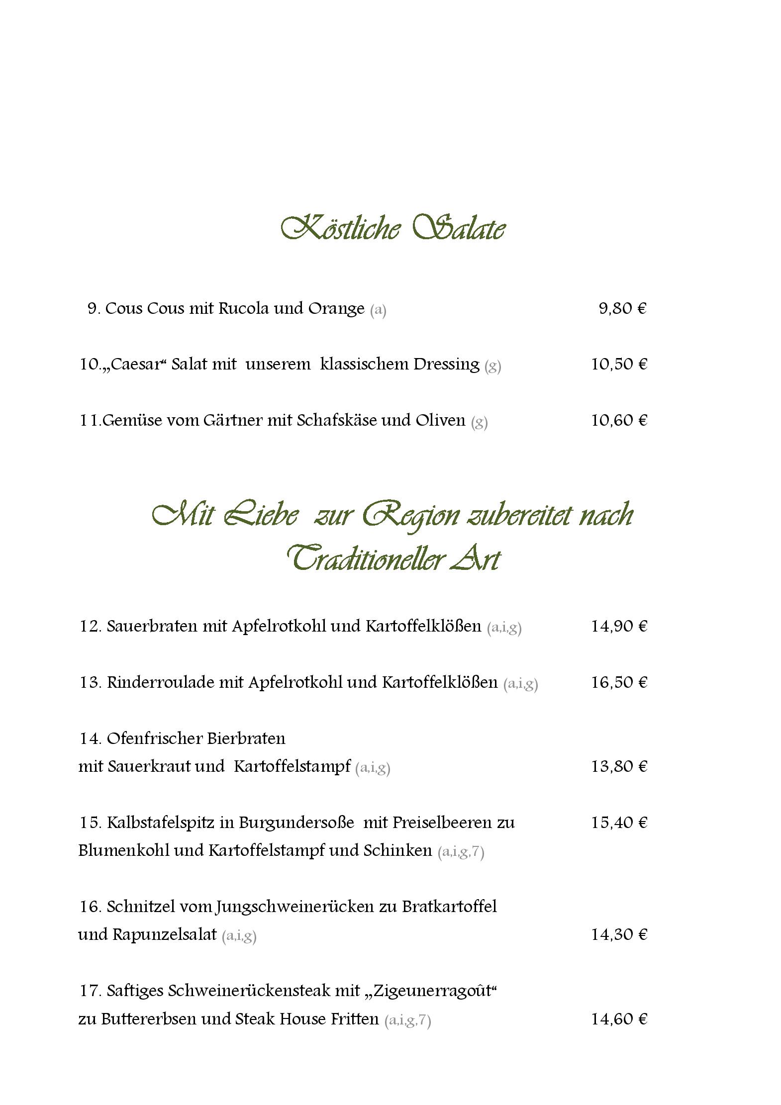 Speisekarte deutsch-regional