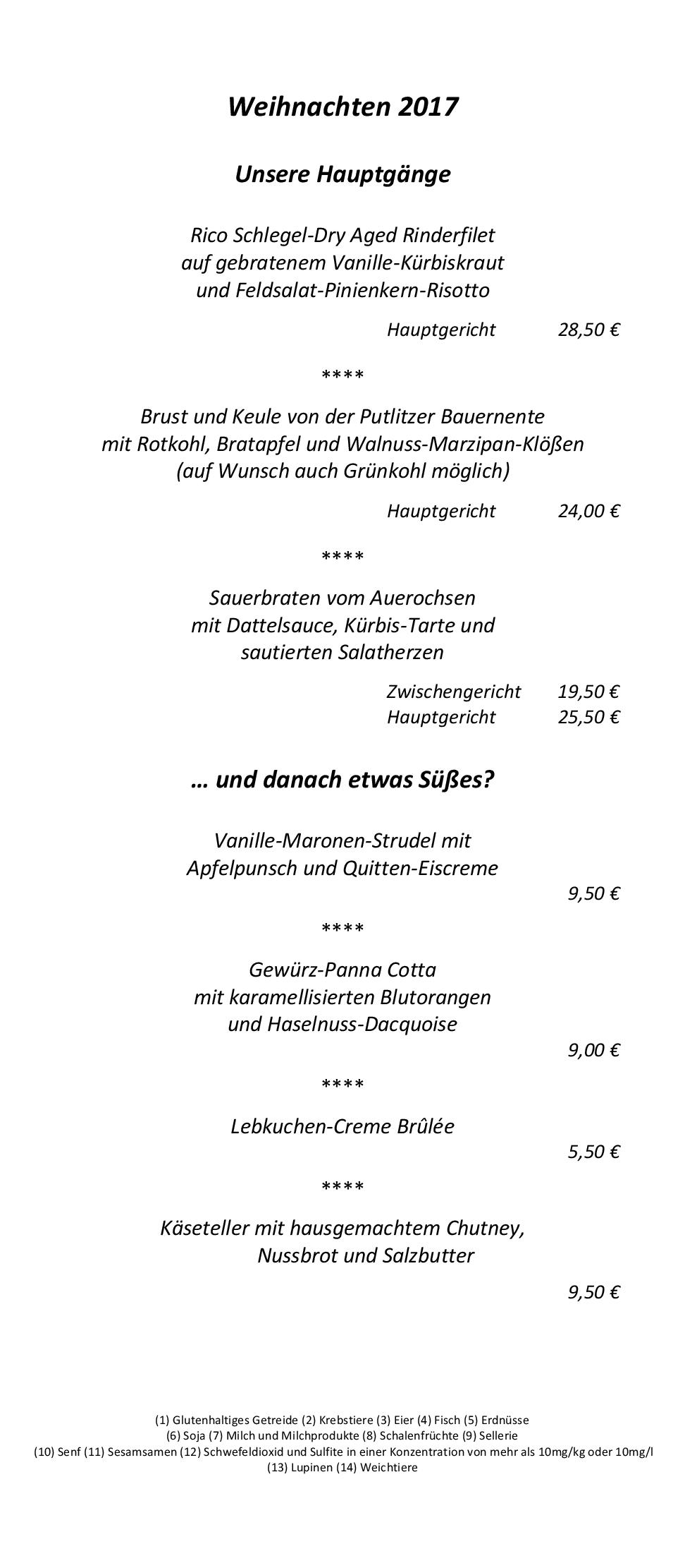 Speisekarte Weihnachten 2017