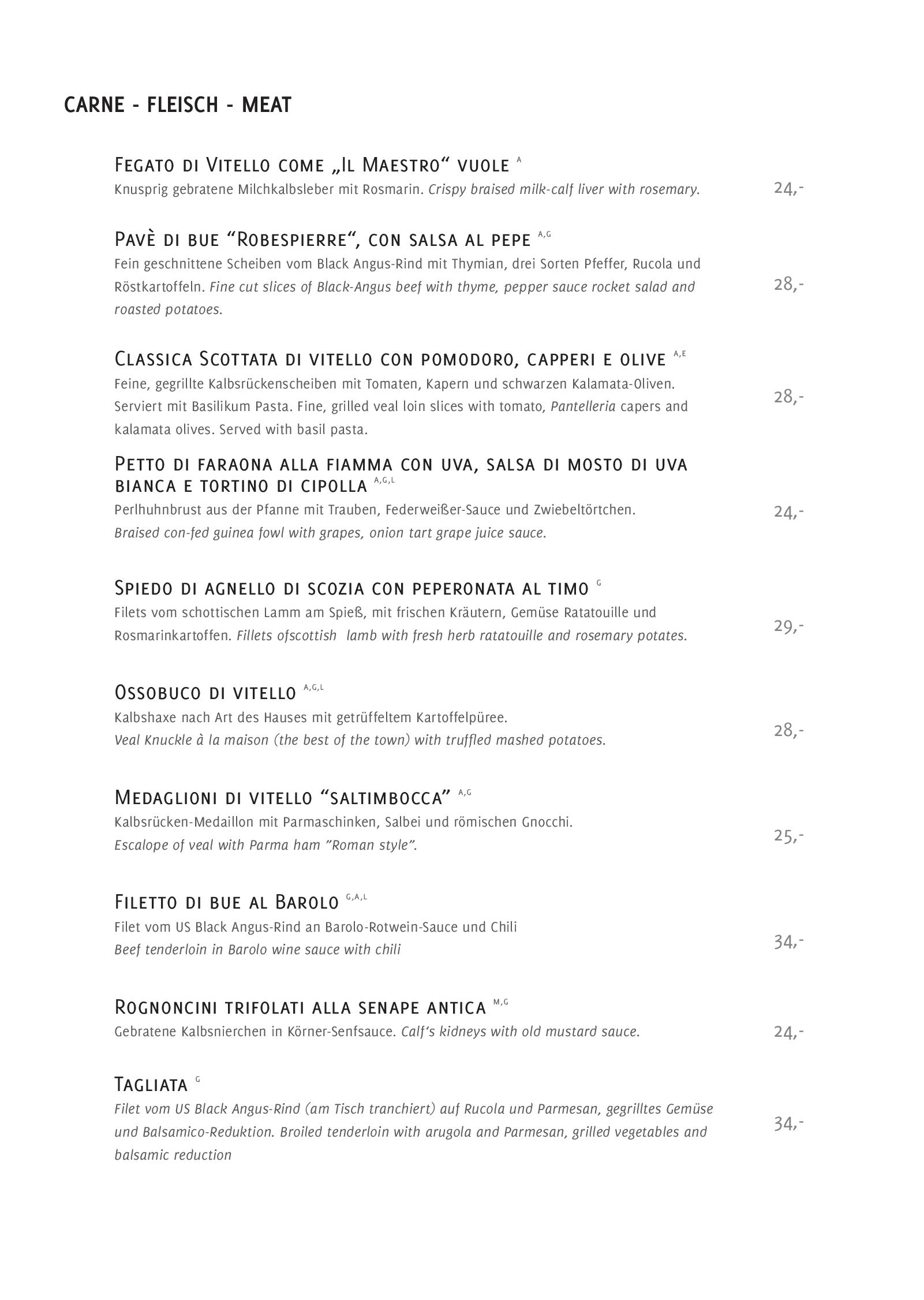 Speisekarte - a la cart