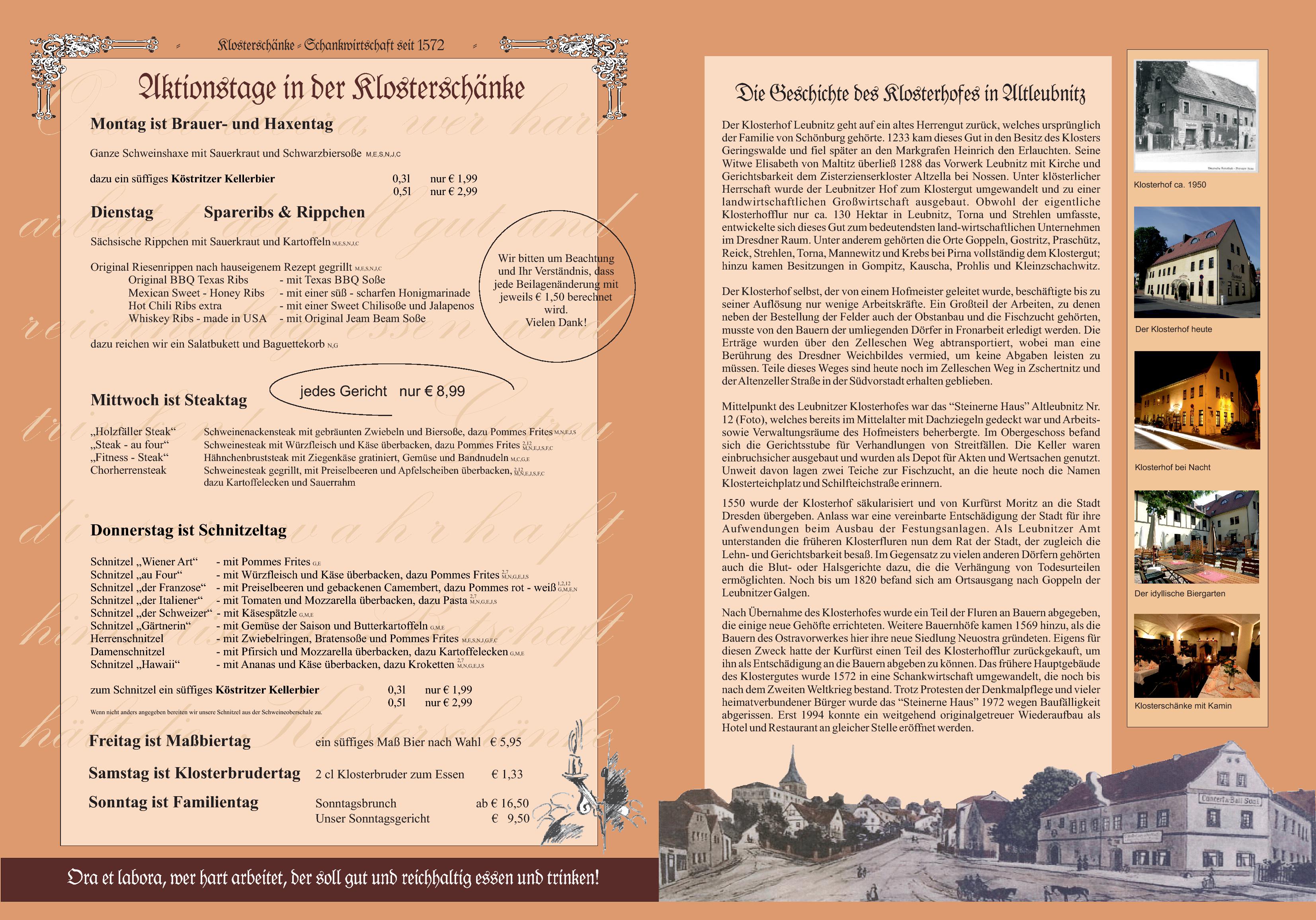 Auszug aus der Speisekarte