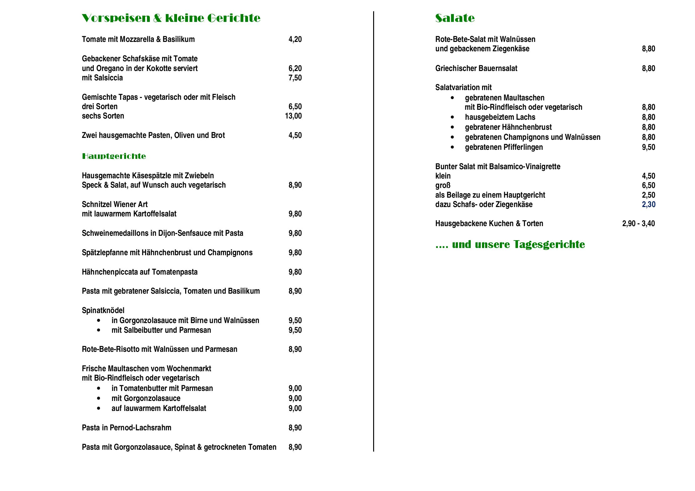 Feste Speisekarte