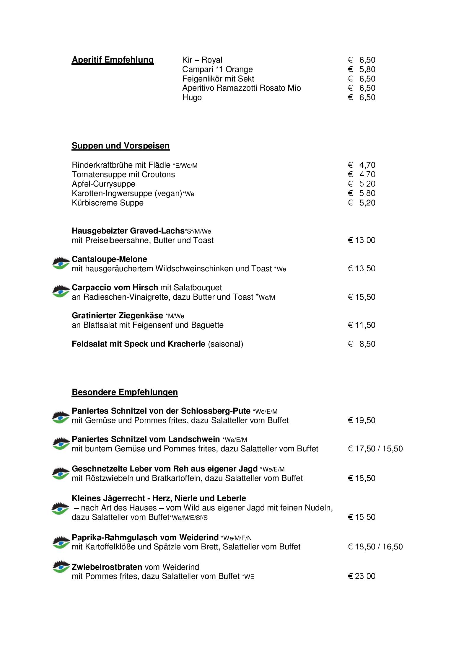 Speisekarte (Montag - Samstag)
