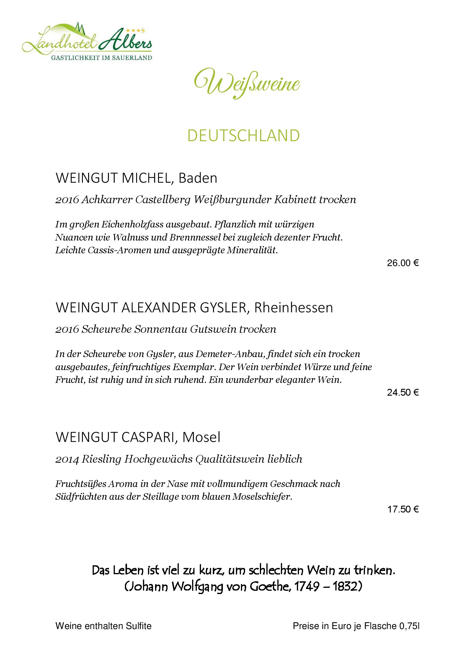 Weinkarte Flaschenweine