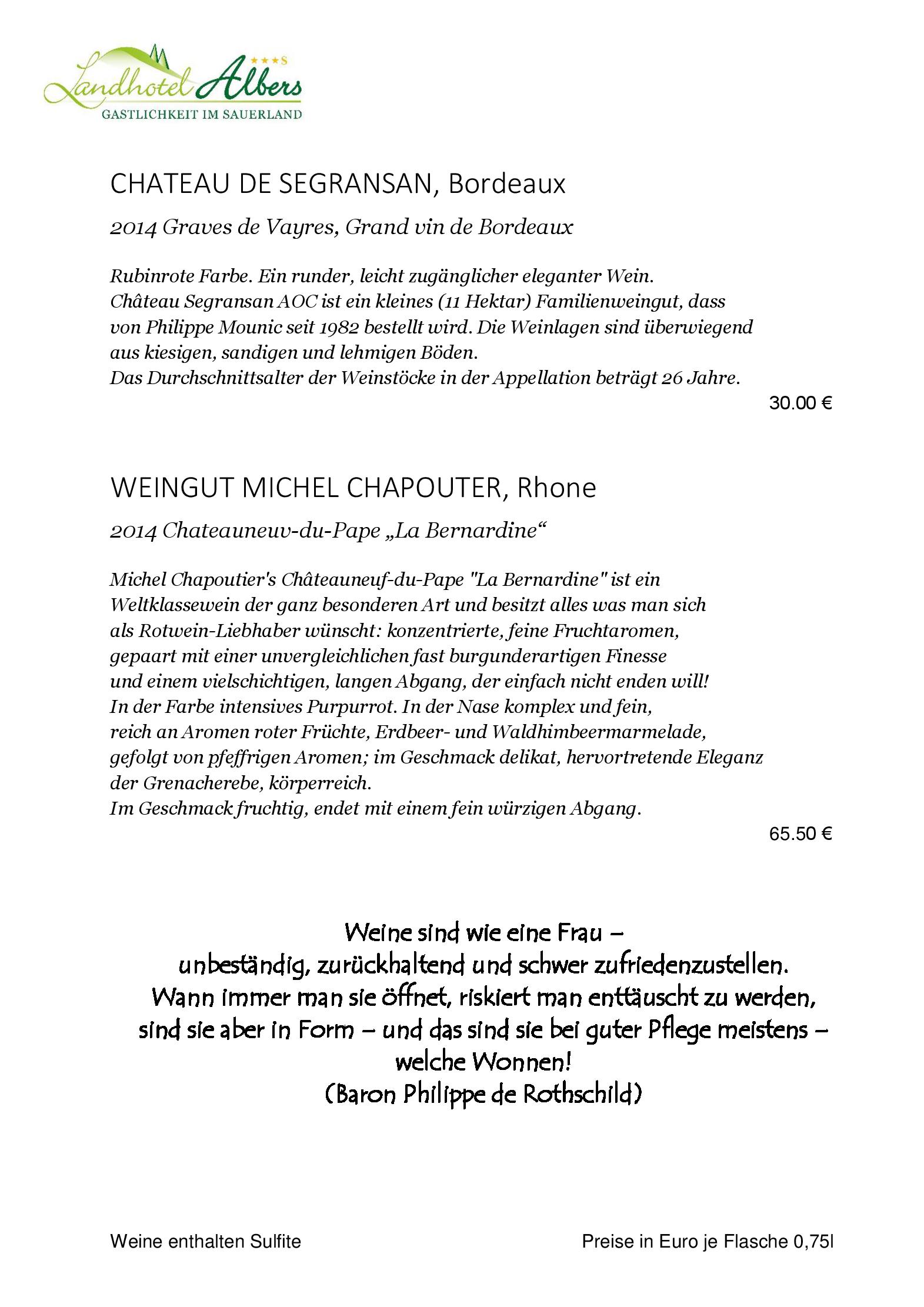 Weinkarte Flaschenweine