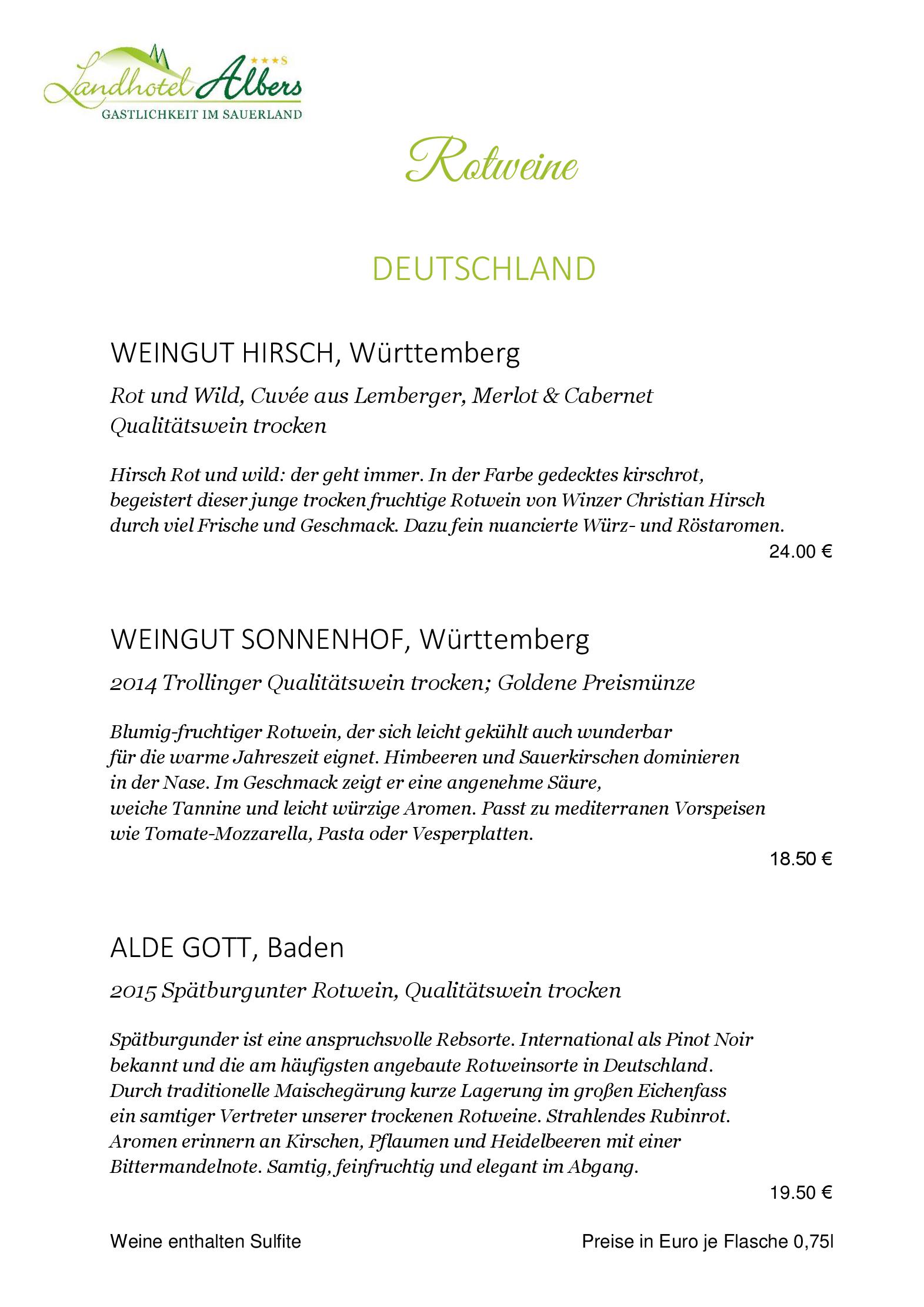 Weinkarte Flaschenweine