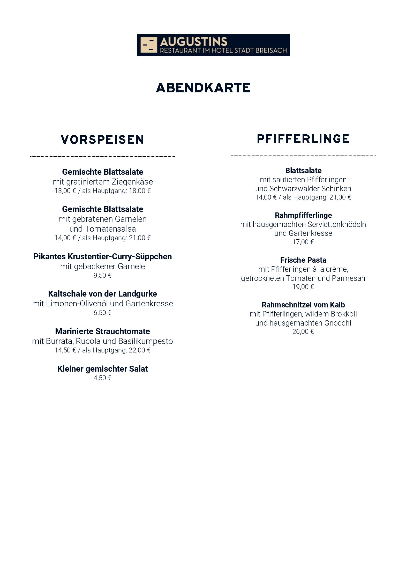 Abendkarte, täglich 18:00 - 21:30 Uhr